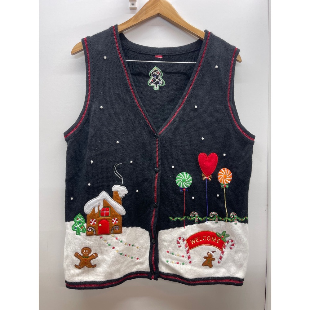 Vintage Christmas Sweater Vest Black Gingerbread House Candy Cane Metallic Trim